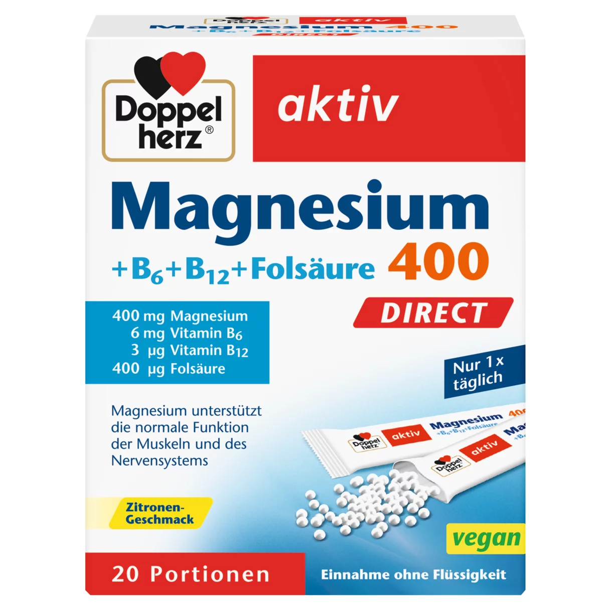 Abbildung der Produktverpackung Doppelherz aktiv Magnesium 400 DIRECT Frontansicht